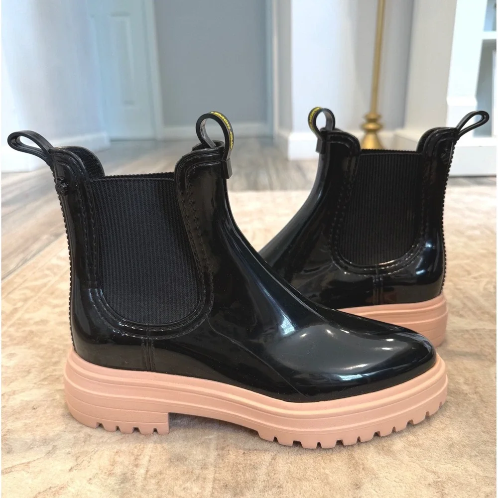 Lemon Jelly City 01 Black Pink Ankle Rain Boots Vegan Chelsea Boot Size 38 NWOB